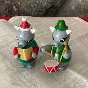 Vintage wooden hand painted musical raccoon pair of ornaments